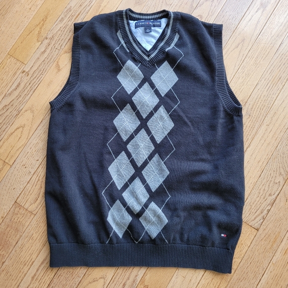 Tommy Hilfiger Argyle Sweater Vest V Neck Black Gray Size M - Picture 1 of 9